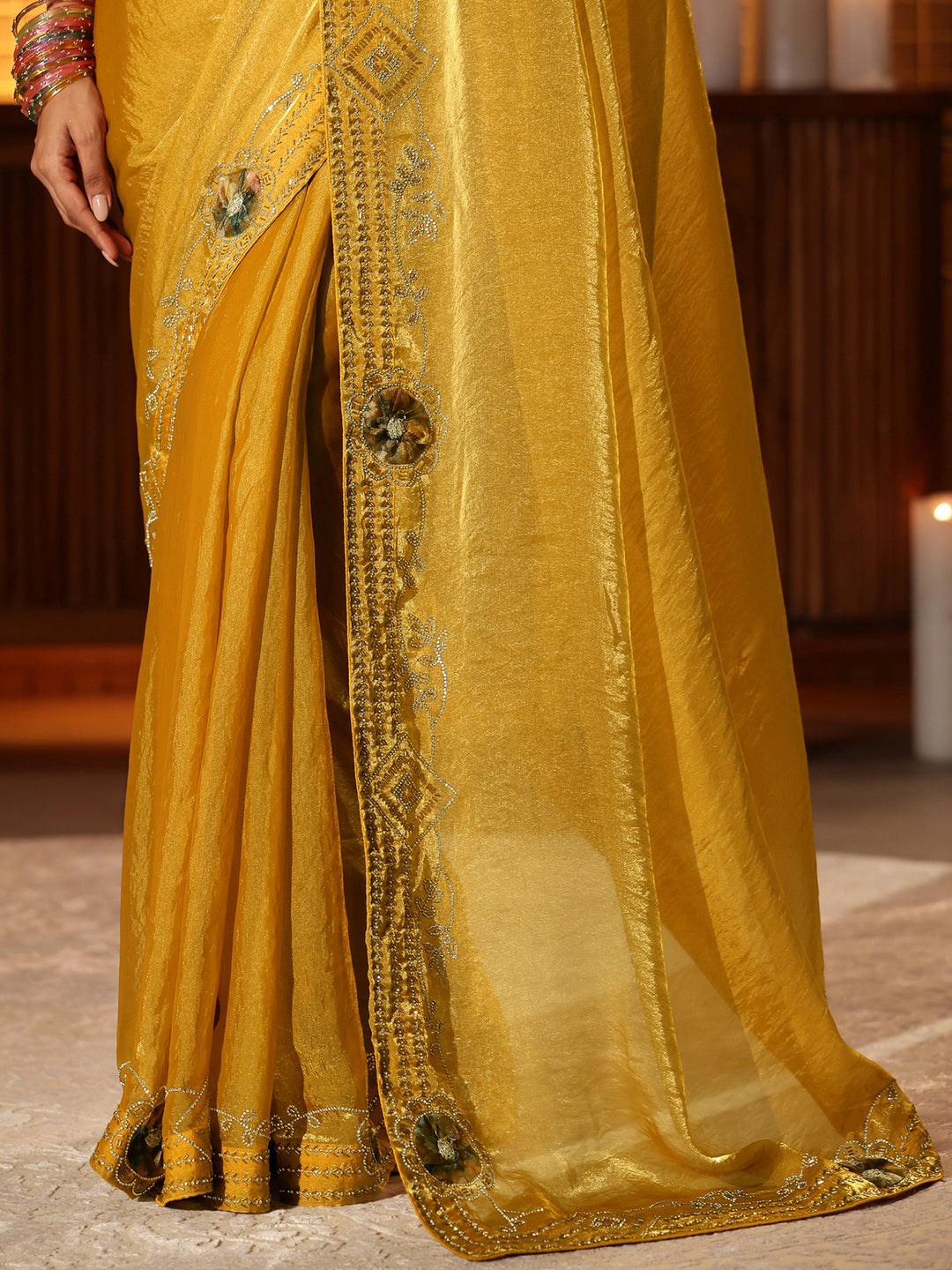  Mustard Silk Blend Saree with Floral Border 