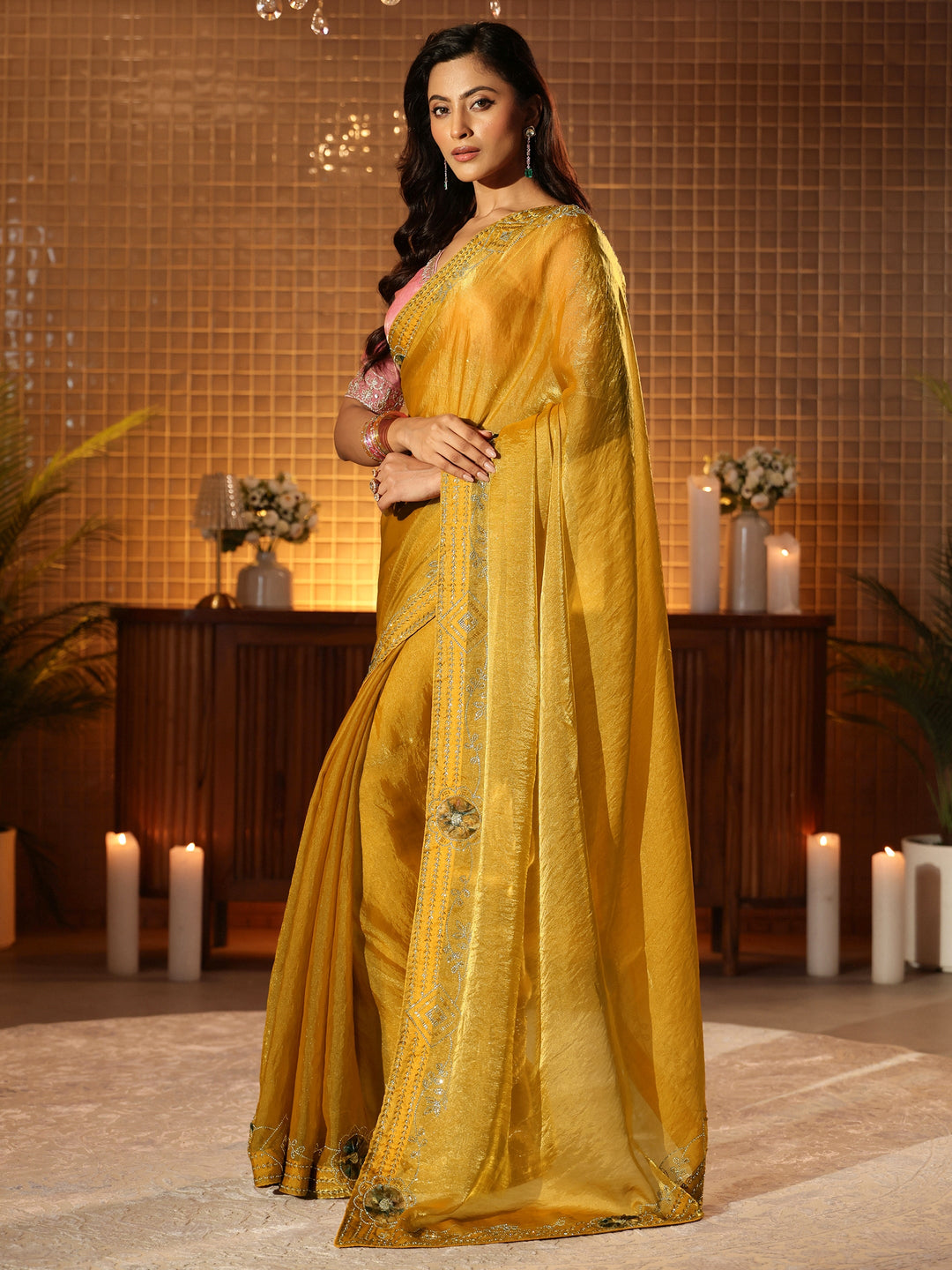  Mustard Silk Blend Saree with Floral Border 