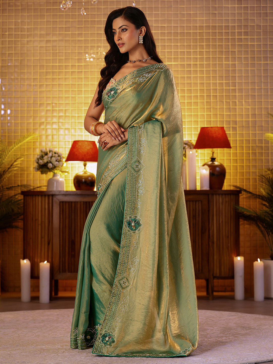  Libas Sage Green Silk Blend Saree with Floral Border 