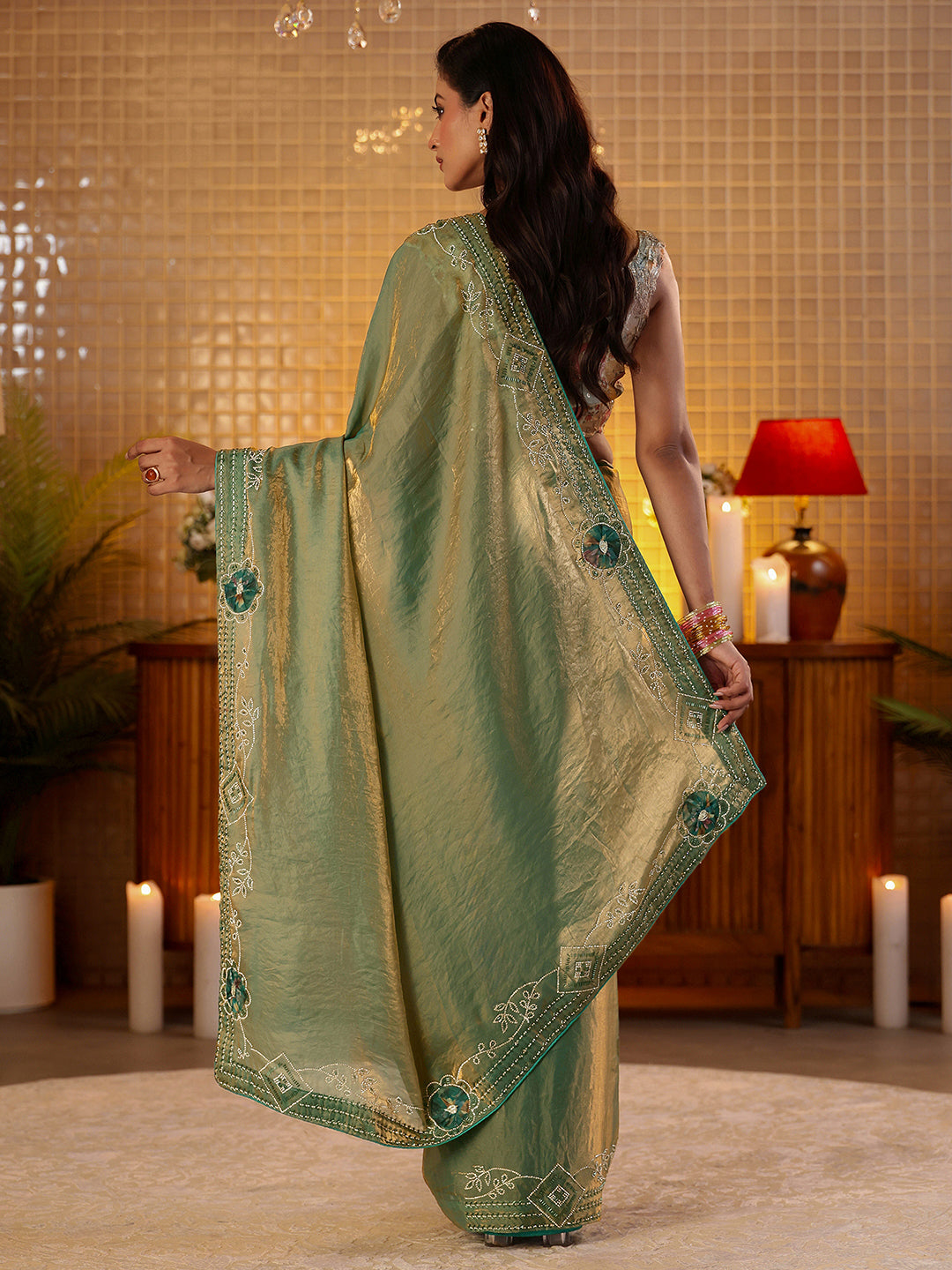  Libas Sage Green Silk Blend Saree with Floral Border 