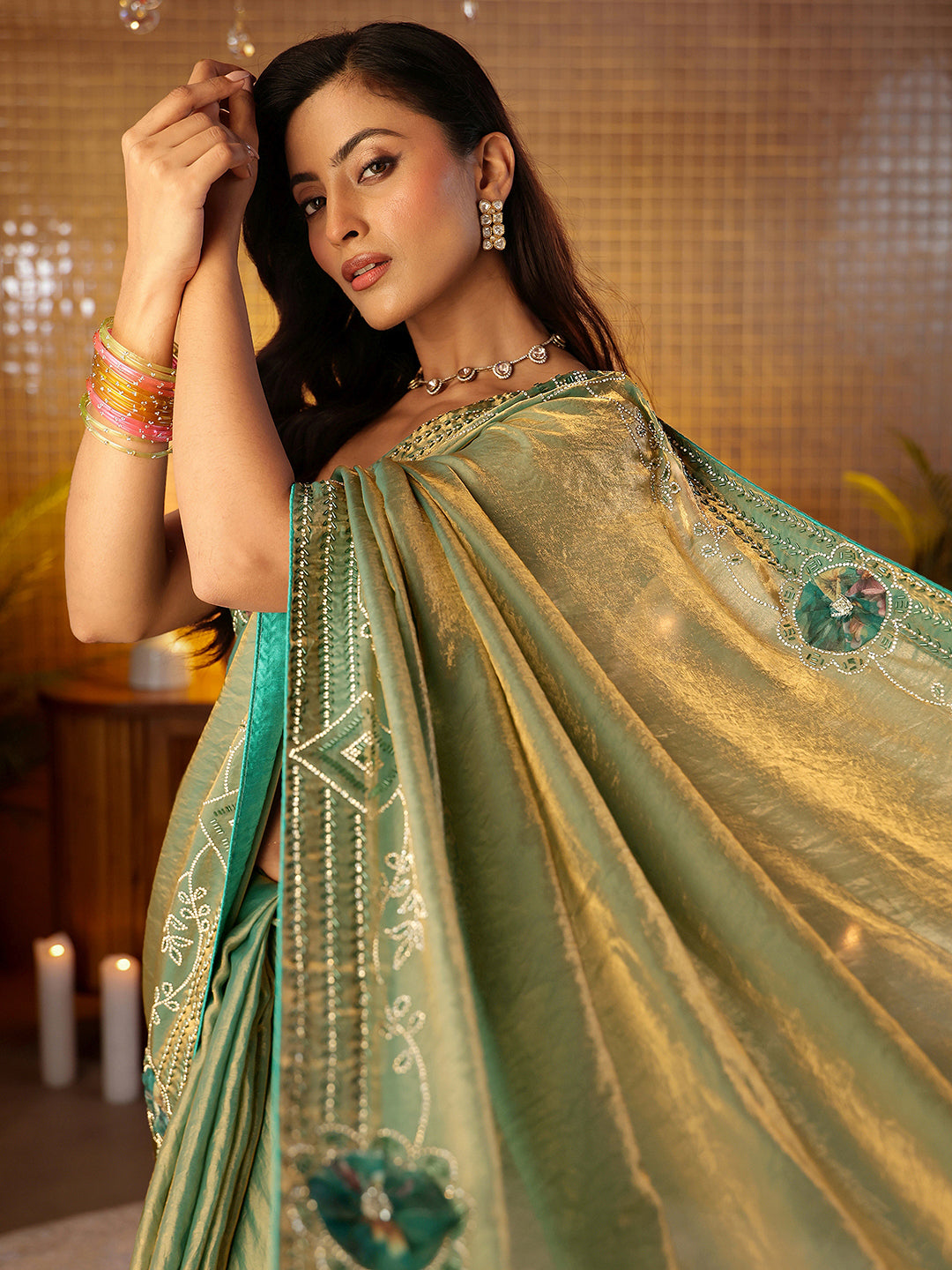  Libas Sage Green Silk Blend Saree with Floral Border 