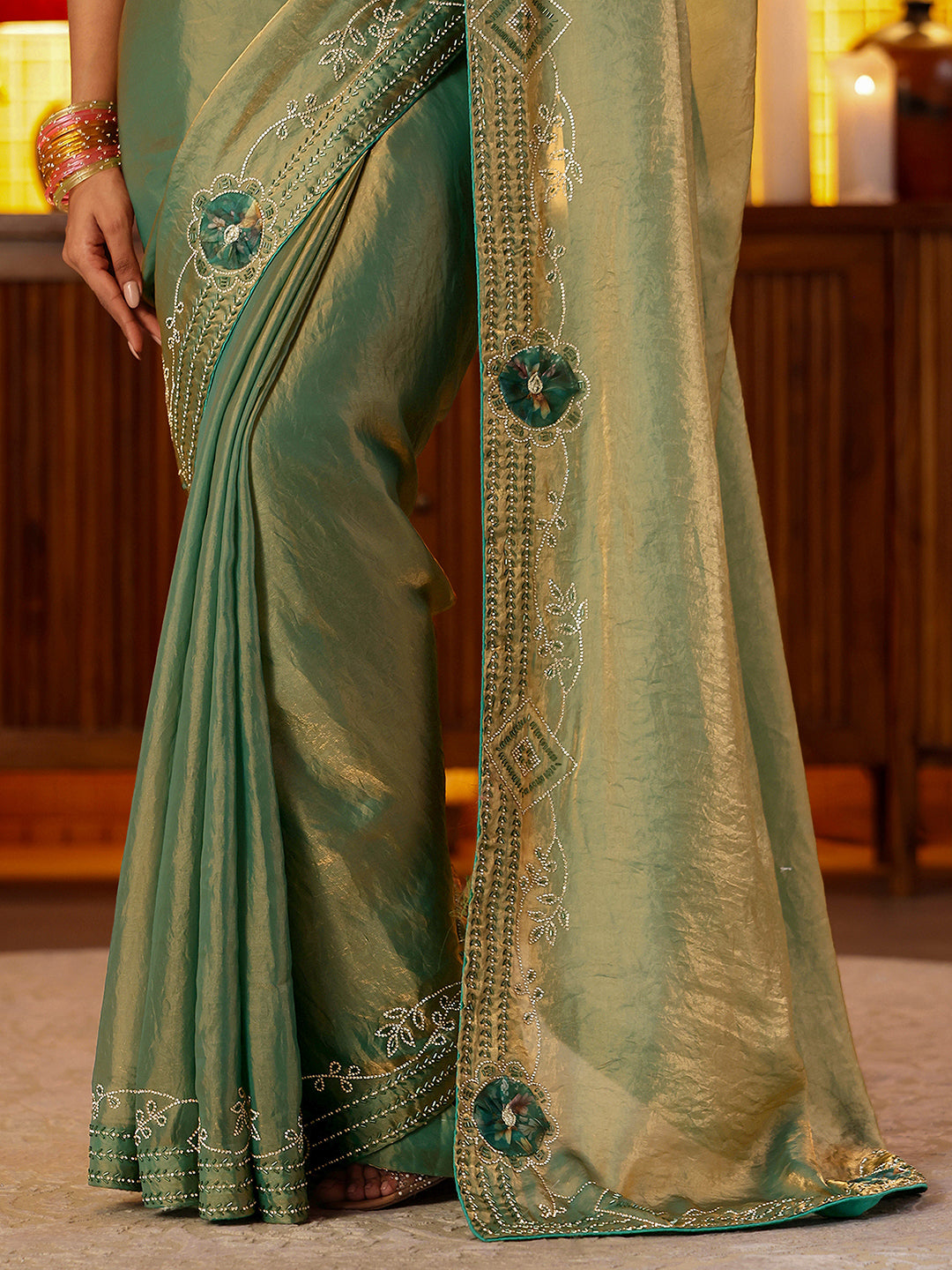  Libas Sage Green Silk Blend Saree with Floral Border 