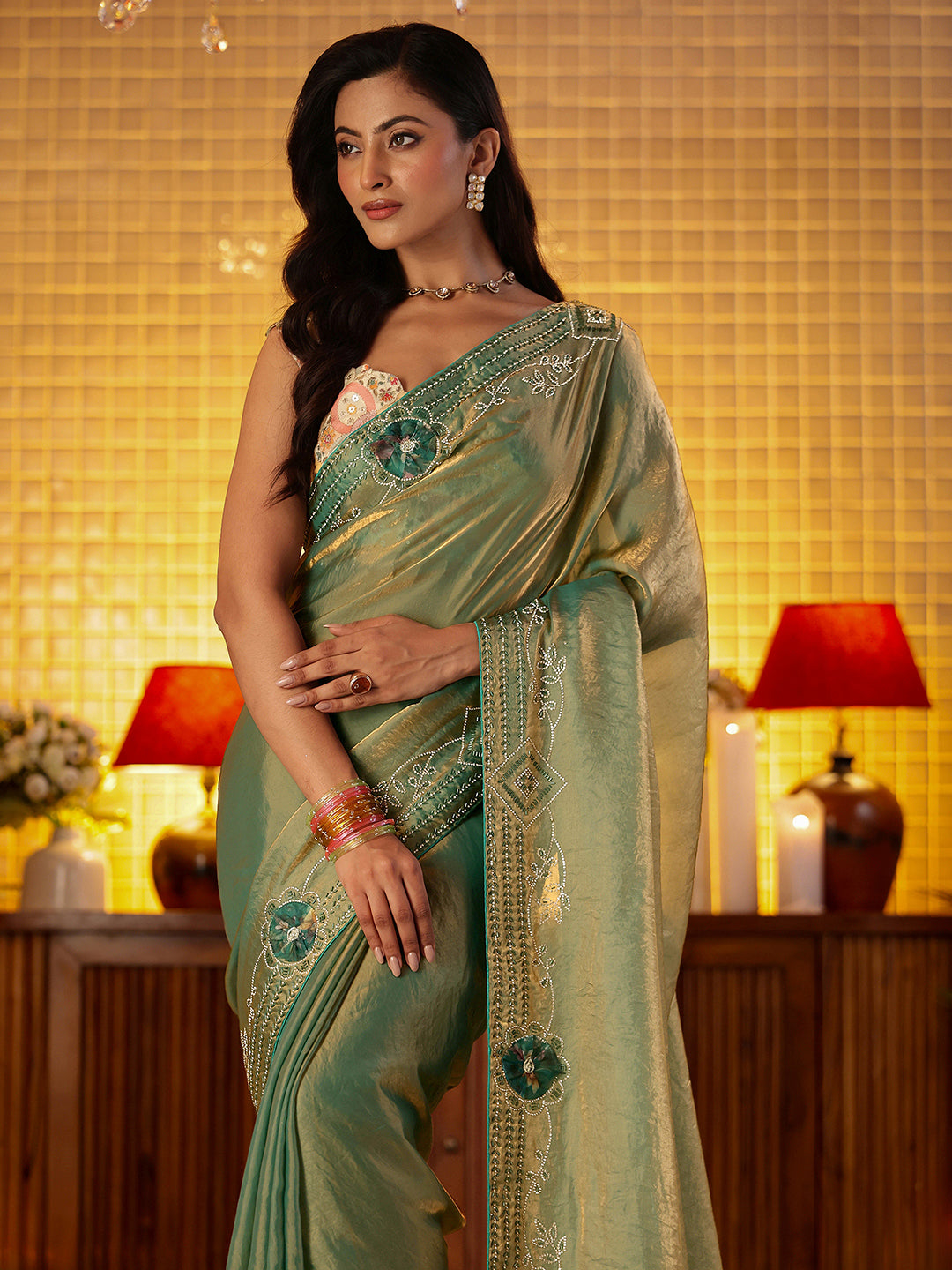  Libas Sage Green Silk Blend Saree with Floral Border 