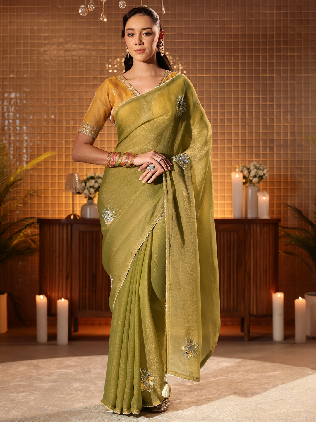  Light Olive Green Floral Embellished Silk Blend Saree 