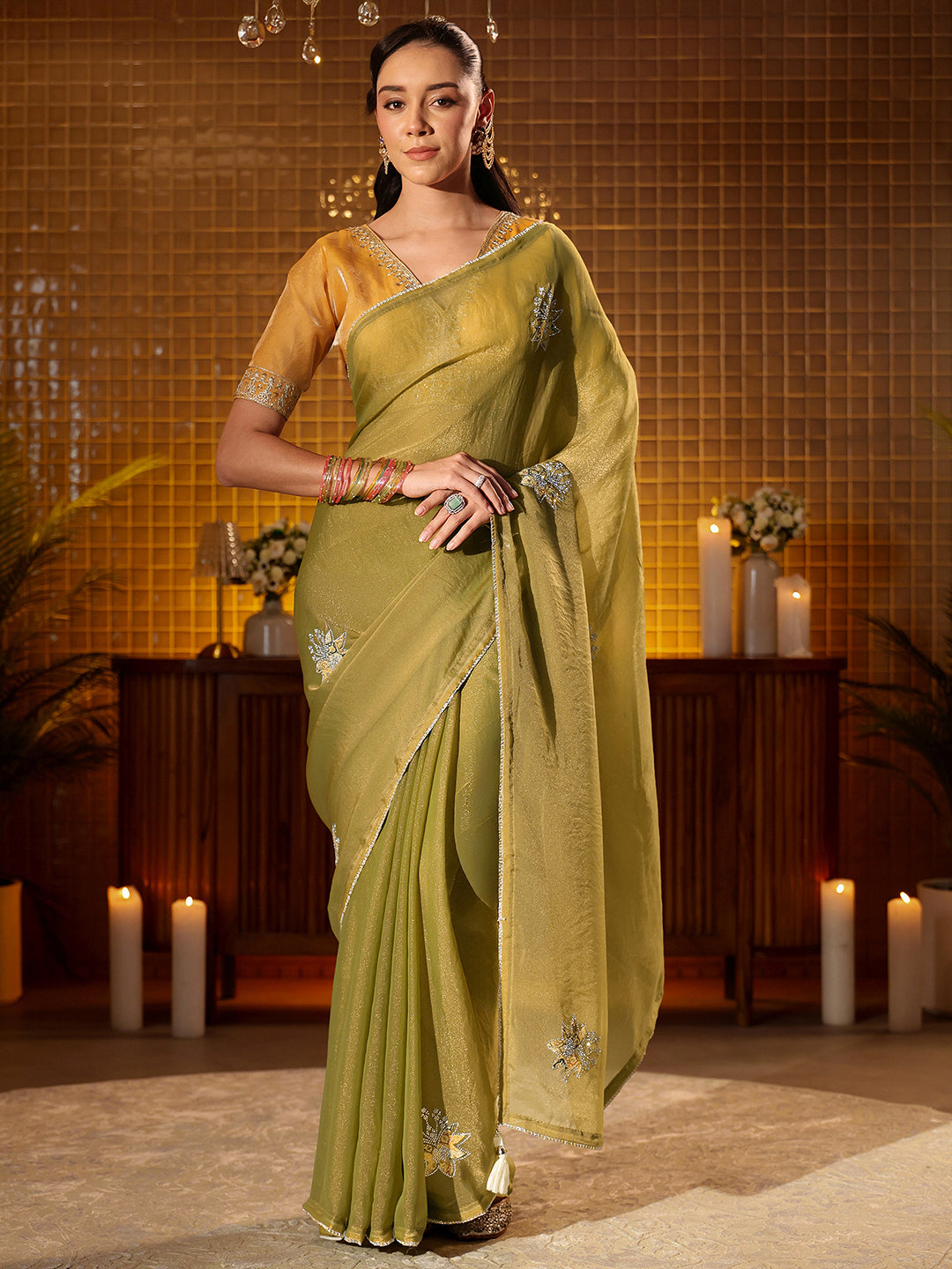  Libas Light Olive Green Floral Embellished Silk Blend Saree 