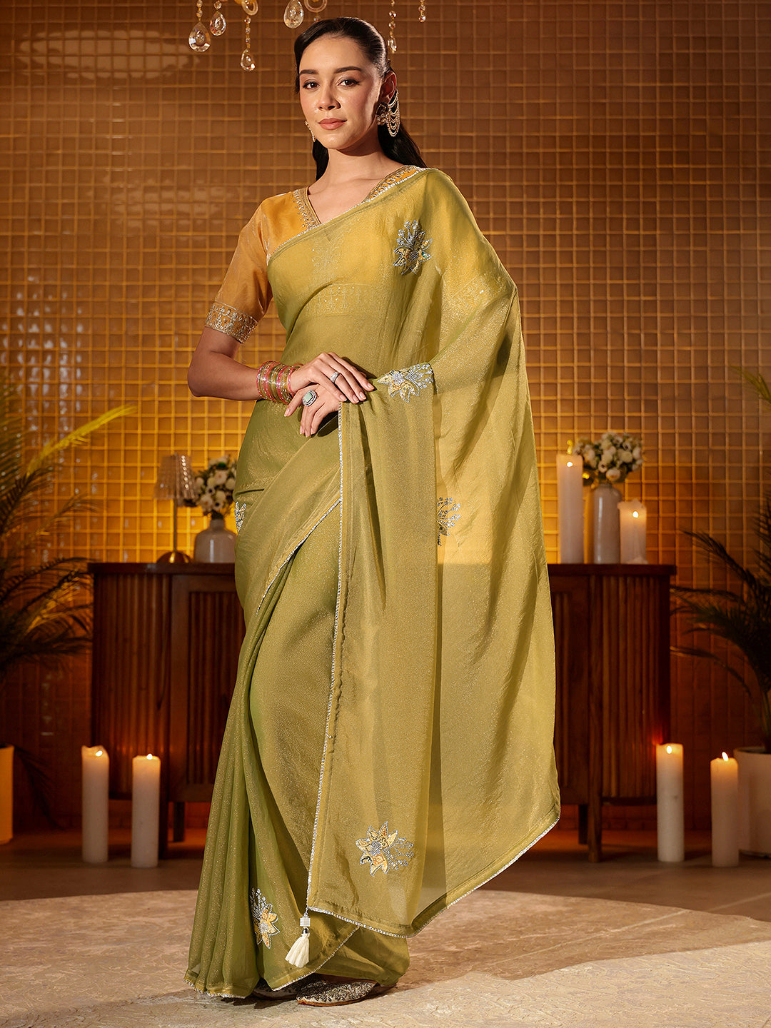  Libas Light Olive Green Floral Embellished Silk Blend Saree 