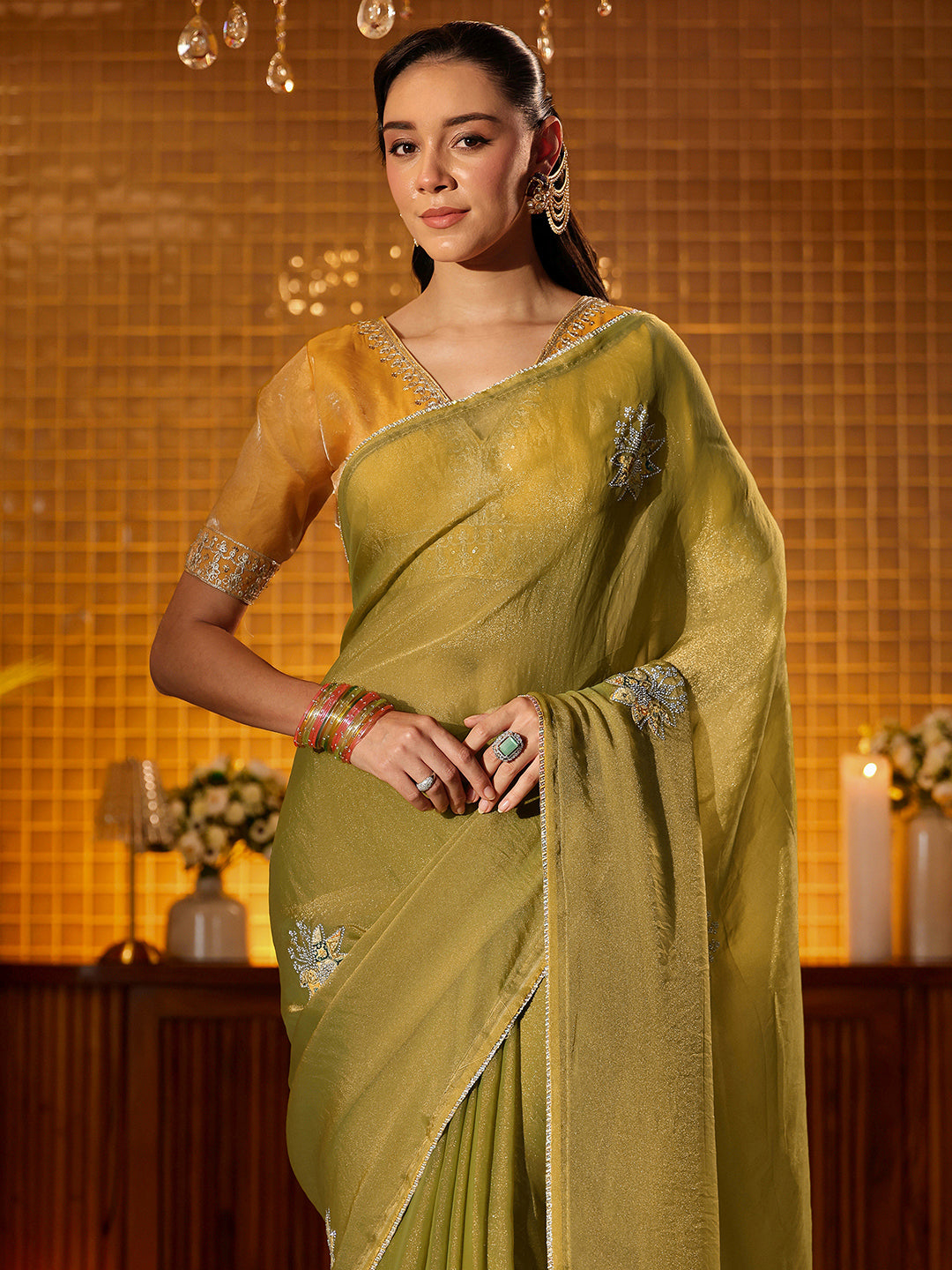  Libas Light Olive Green Floral Embellished Silk Blend Saree 