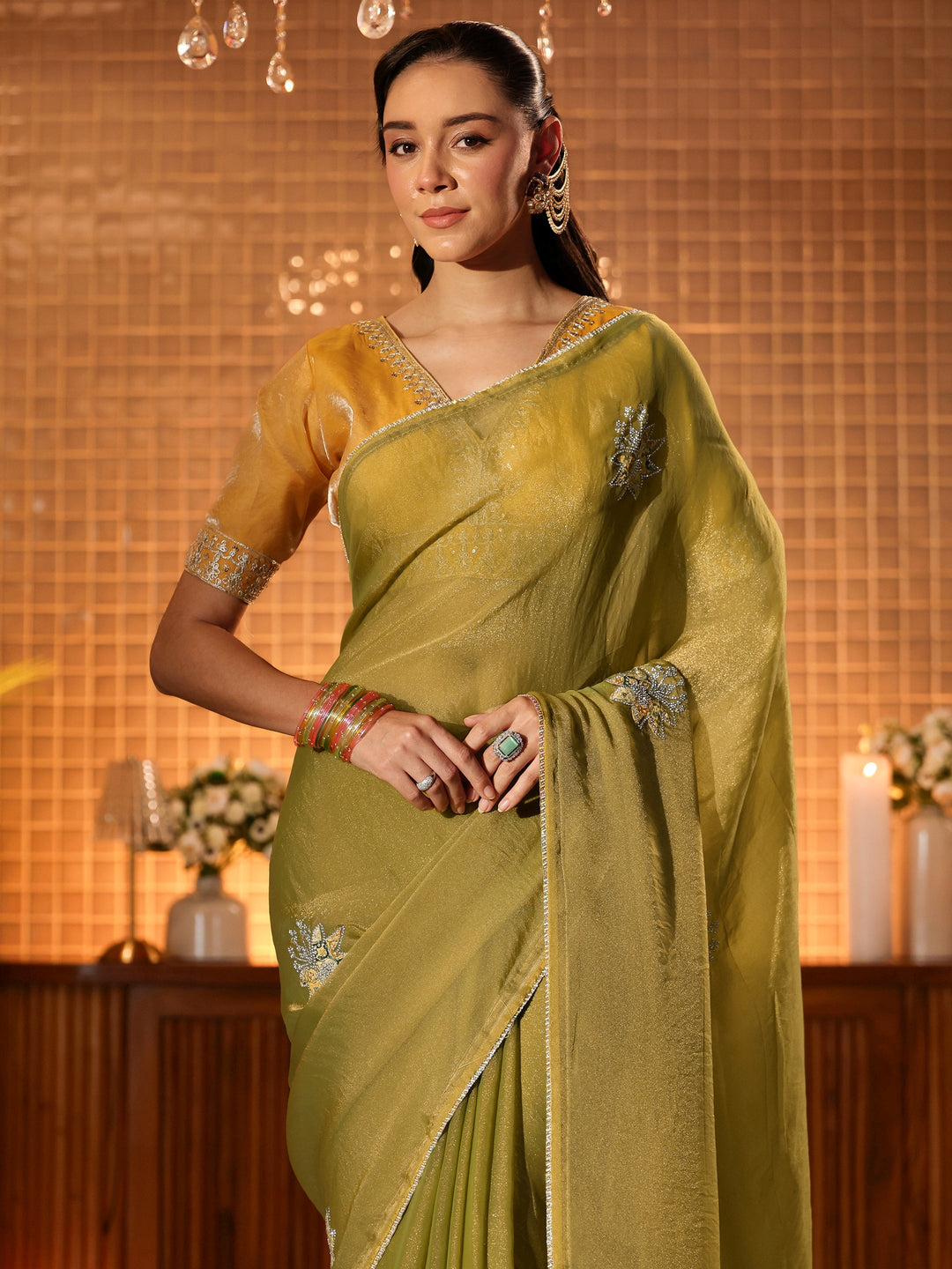  Light Olive Green Floral Embellished Silk Blend Saree 