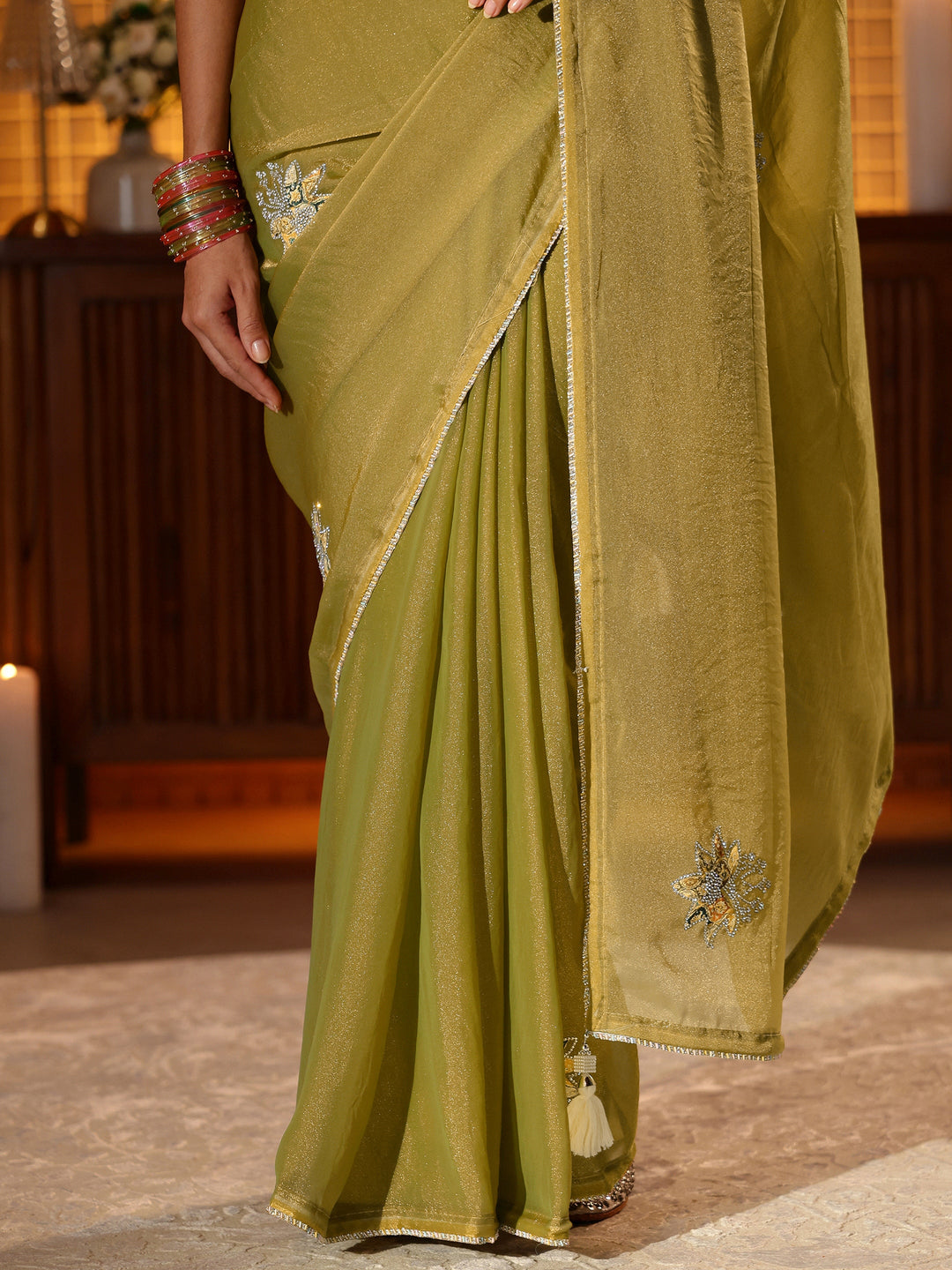  Light Olive Green Floral Embellished Silk Blend Saree 