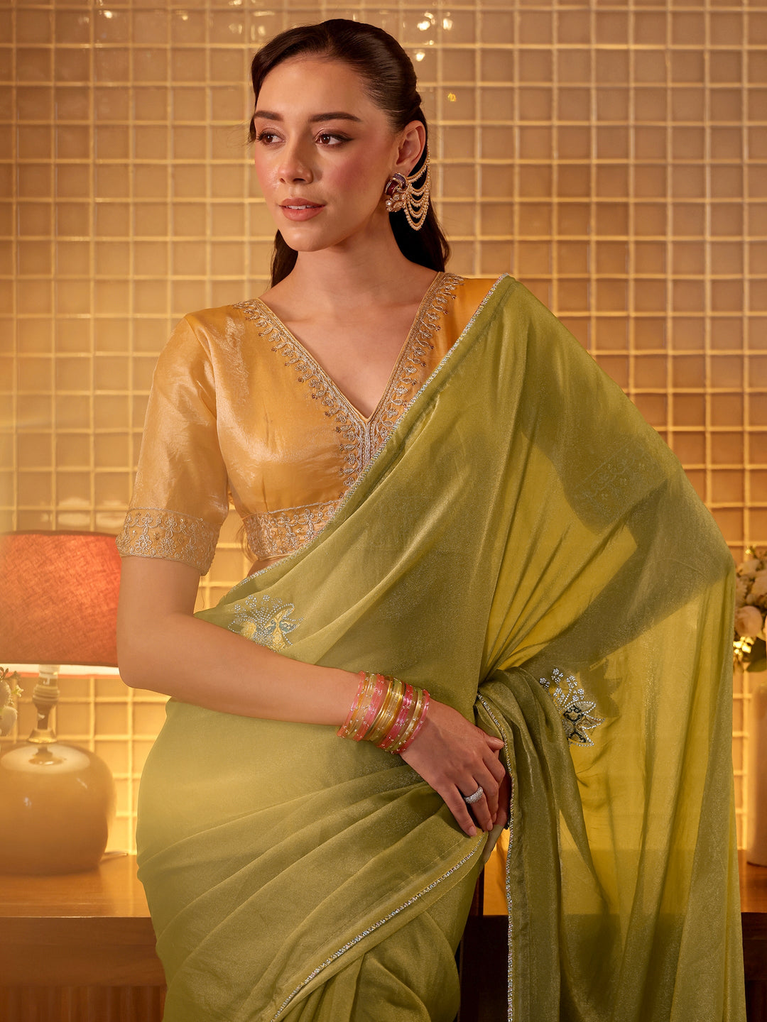  Light Olive Green Floral Embellished Silk Blend Saree 