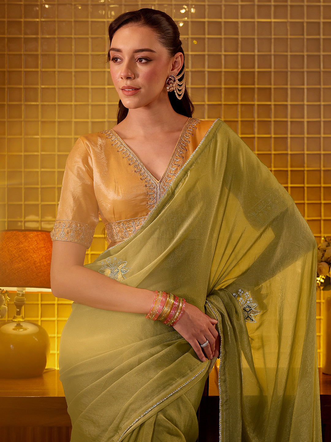  Libas Light Olive Green Floral Embellished Silk Blend Saree 