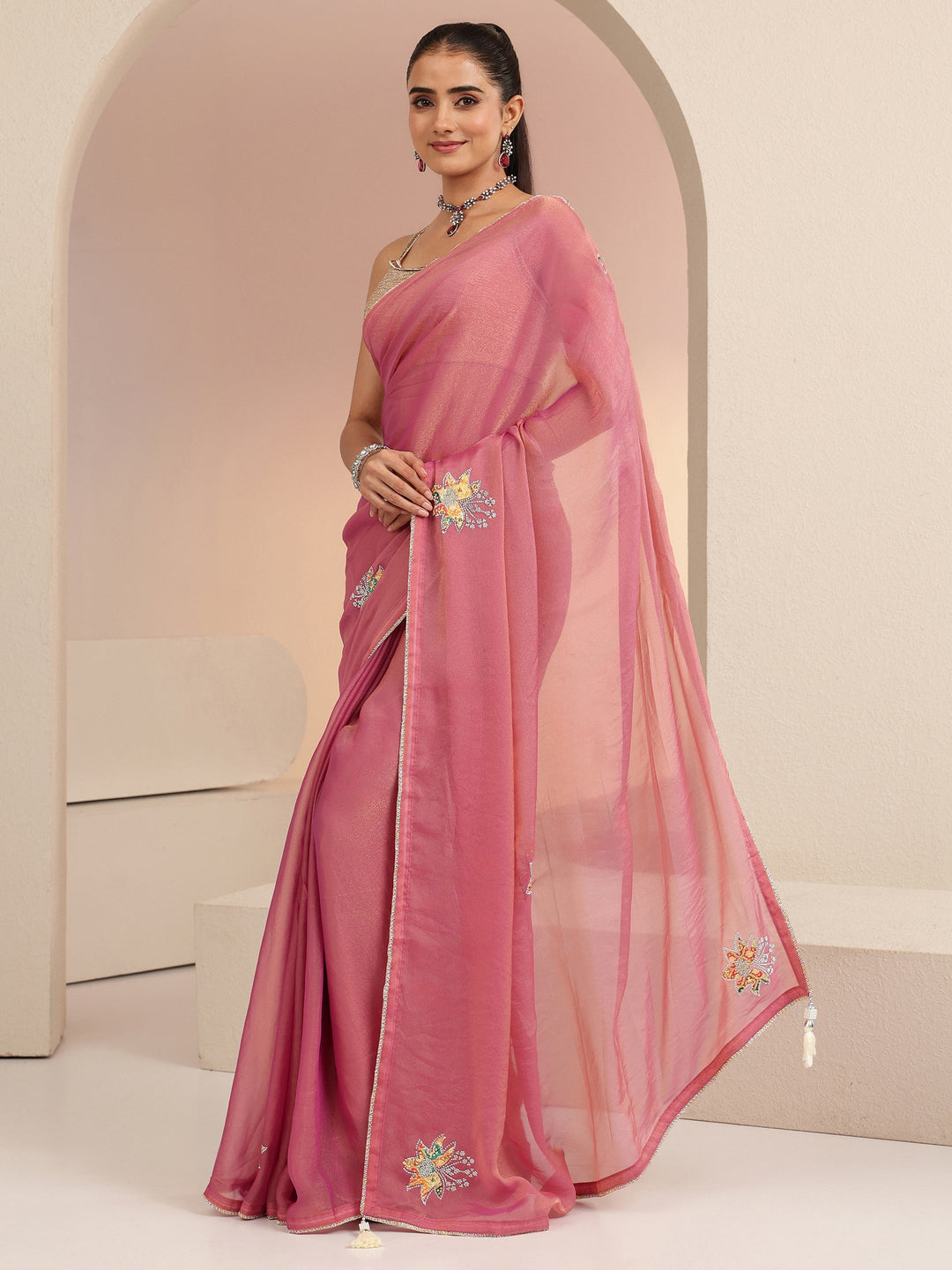  Rose Pink Embellished Silk Blend Saree 