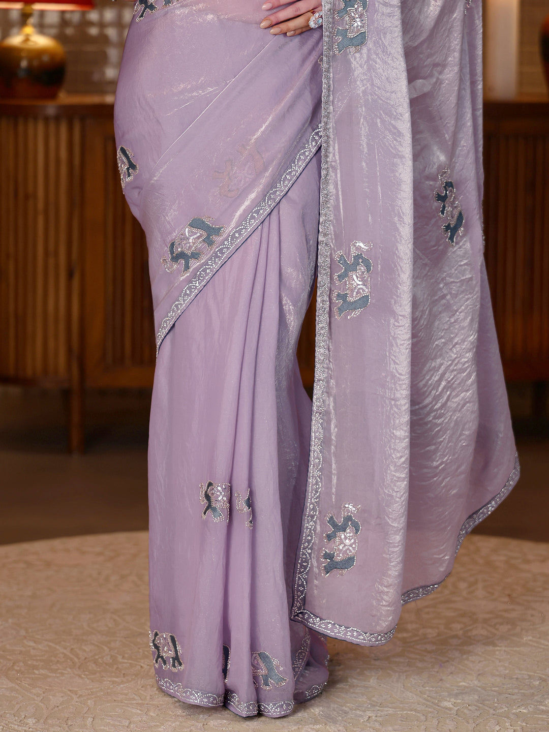  Lavender Embellished Animal Motif Silk Blend Saree 
