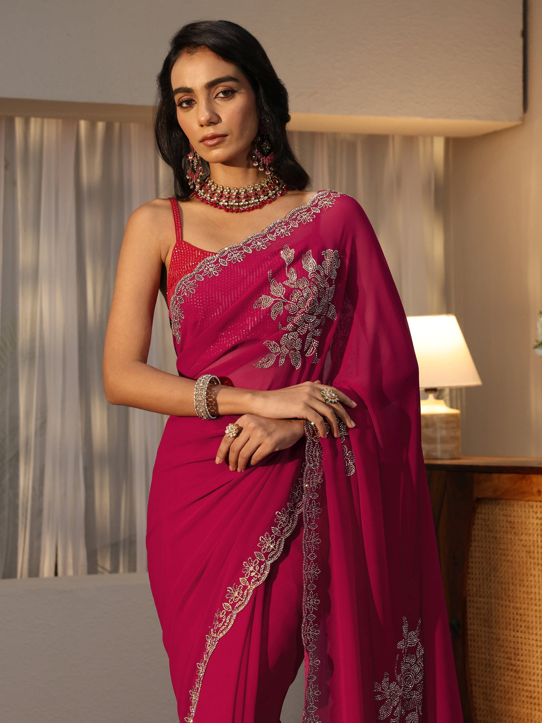  Rani Pink Floral Embellished Georgette Saree 