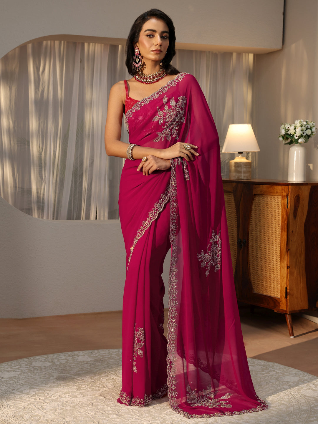  Rani Pink Floral Embellished Georgette Saree 