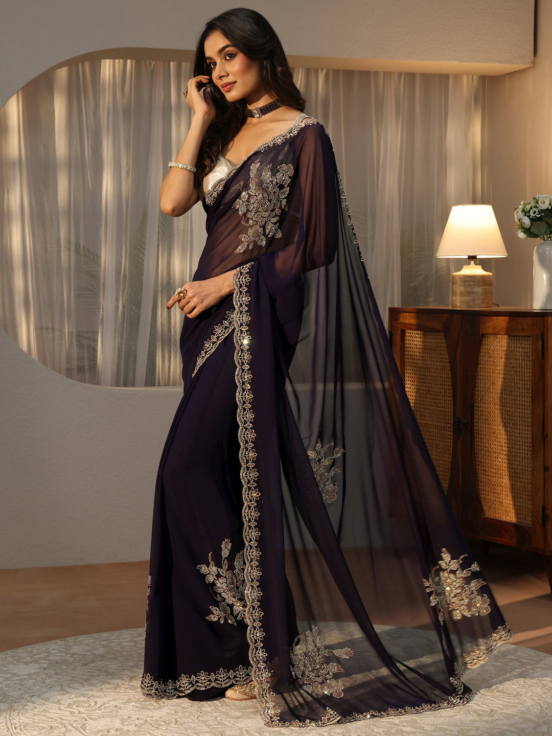  Purple Floral Embellished Georgette Saree 