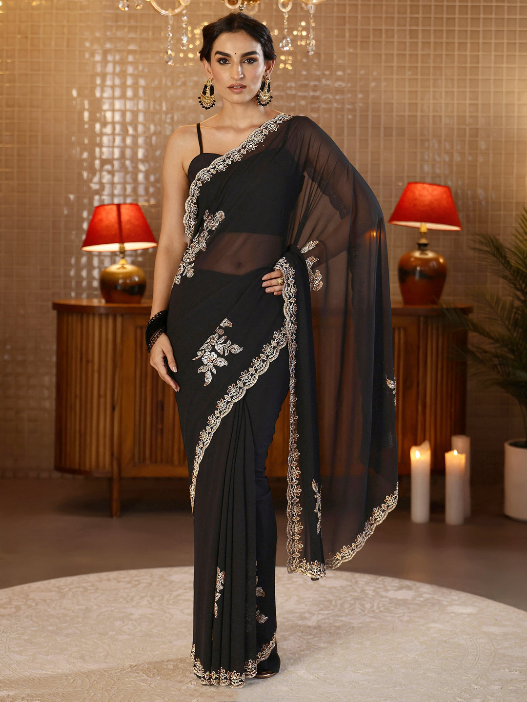  Black Floral Embellished Georgette Saree 