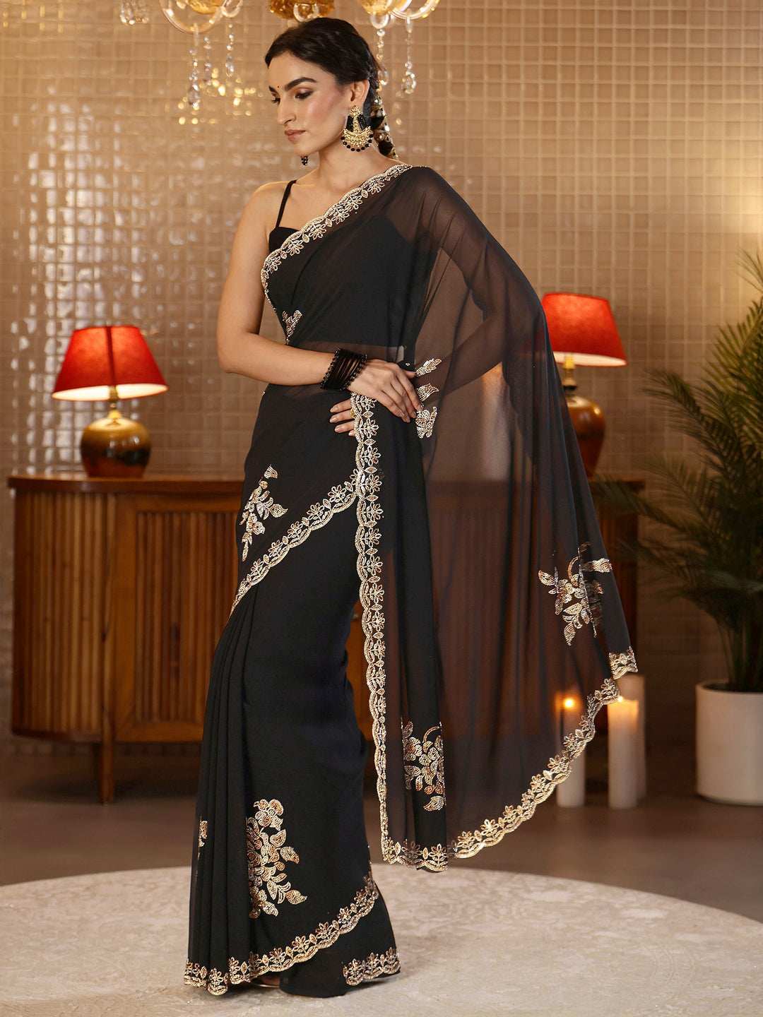  Black Floral Embellished Georgette Saree 