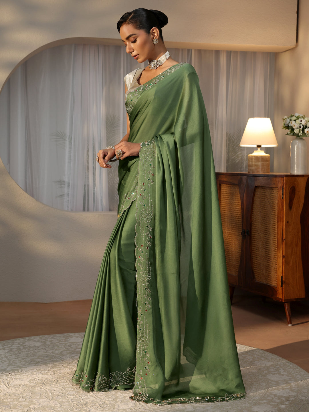  Olive Green Silk Blend Saree with Embellished Border 