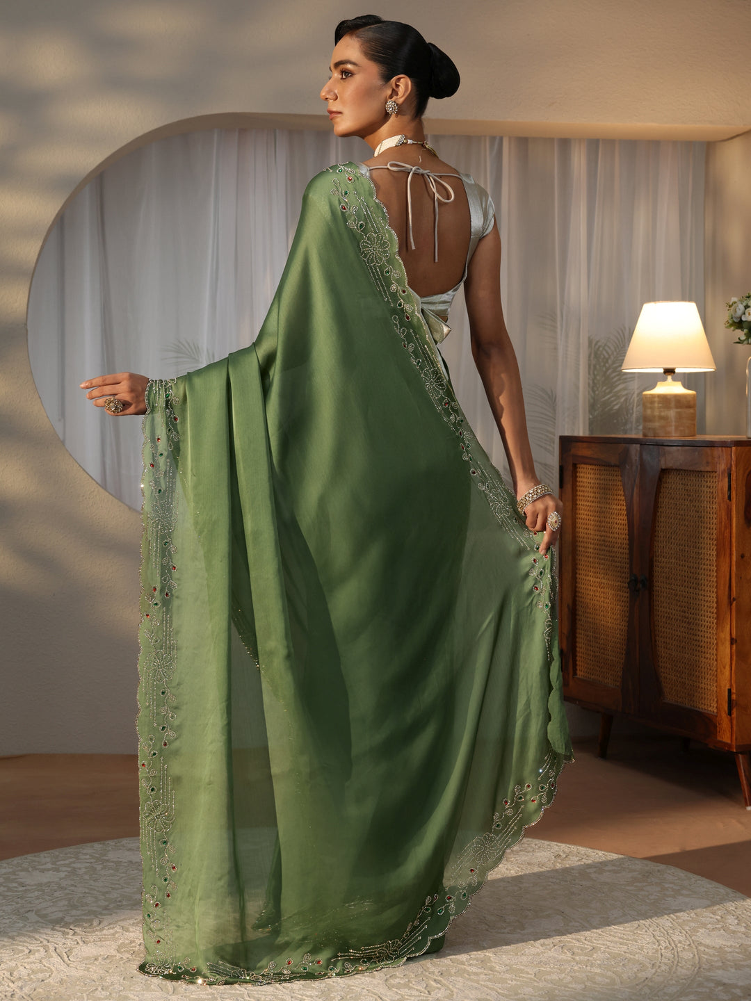  Olive Green Silk Blend Saree with Embellished Border 