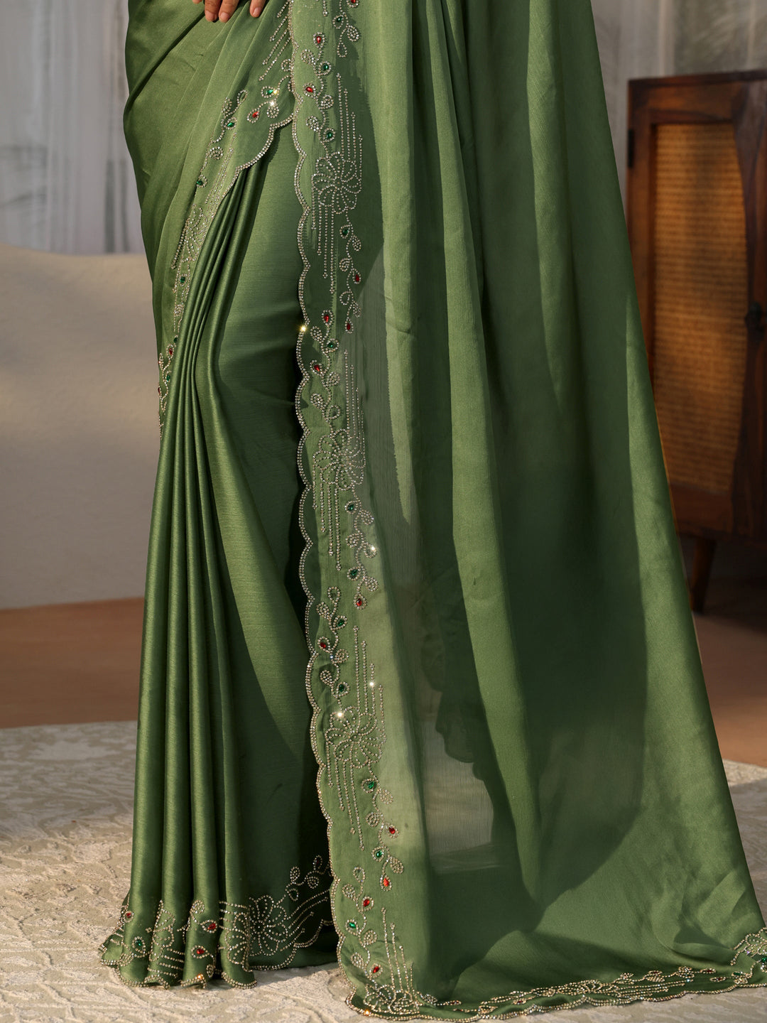  Olive Green Silk Blend Saree with Embellished Border 