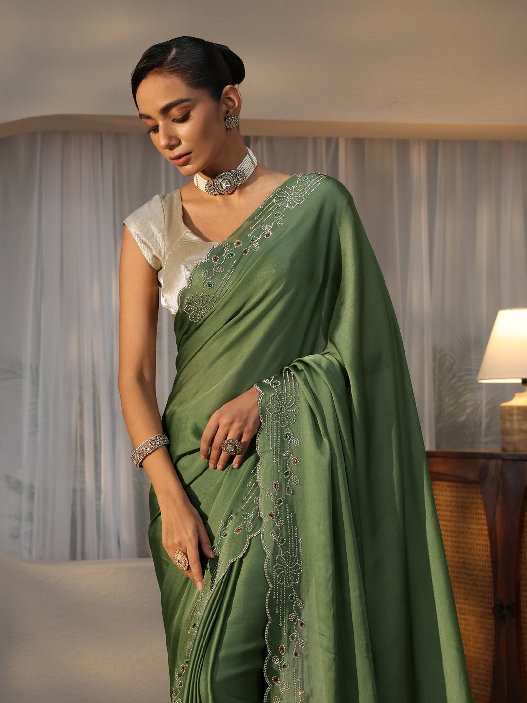  Olive Green Silk Blend Saree with Embellished Border 