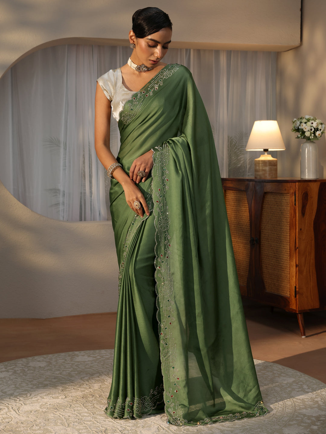  Olive Green Silk Blend Saree with Embellished Border 
