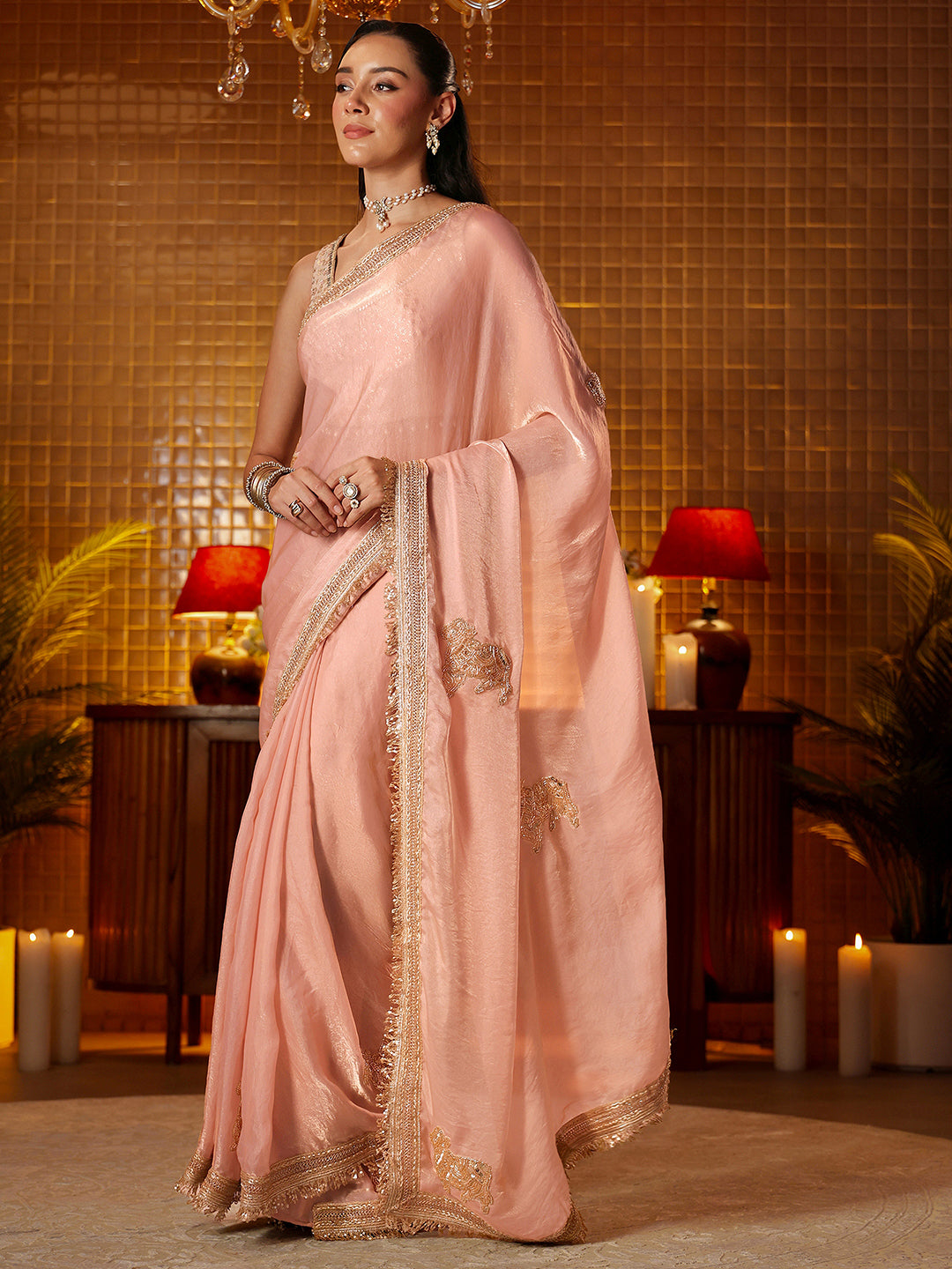  Libas Peach Embellished Silk Blend Saree 