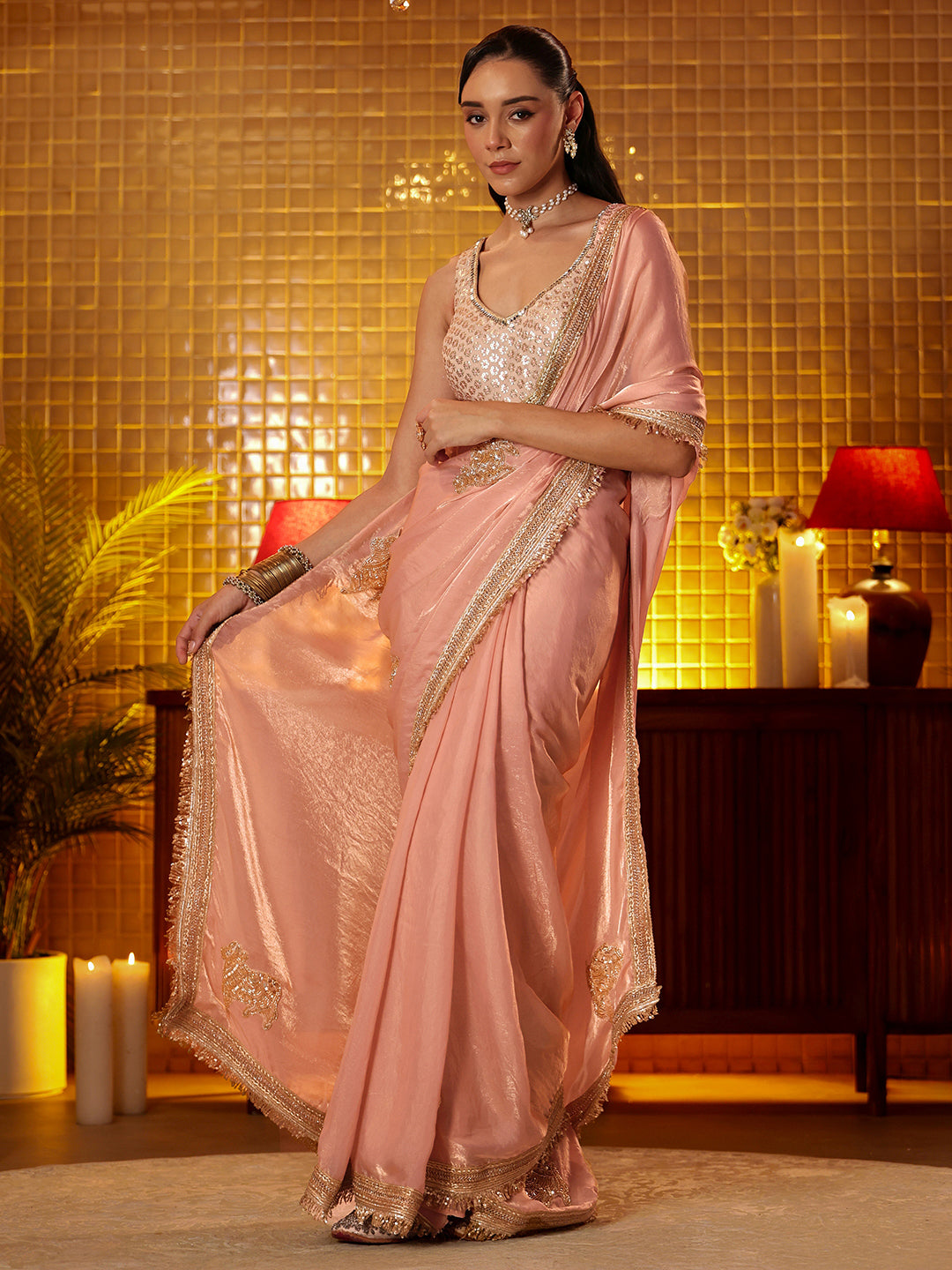  Libas Peach Embellished Silk Blend Saree 