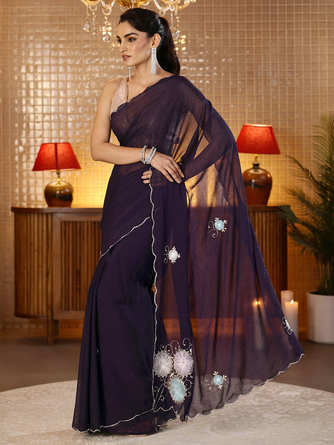  Purple Floral Embellished Silk Blend Saree 