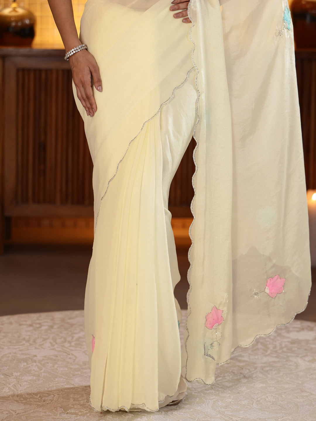  Cream Floral Embellished Silk Blend Saree 