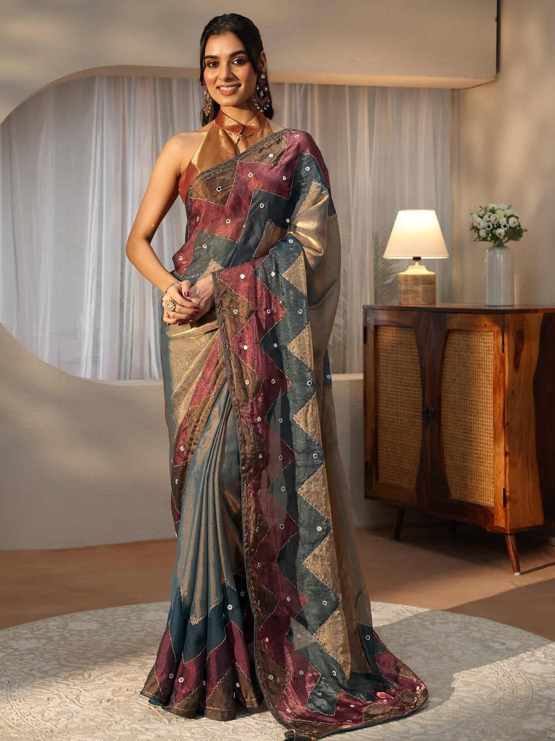  Multi Color Mirror Work Silk Blend Saree 