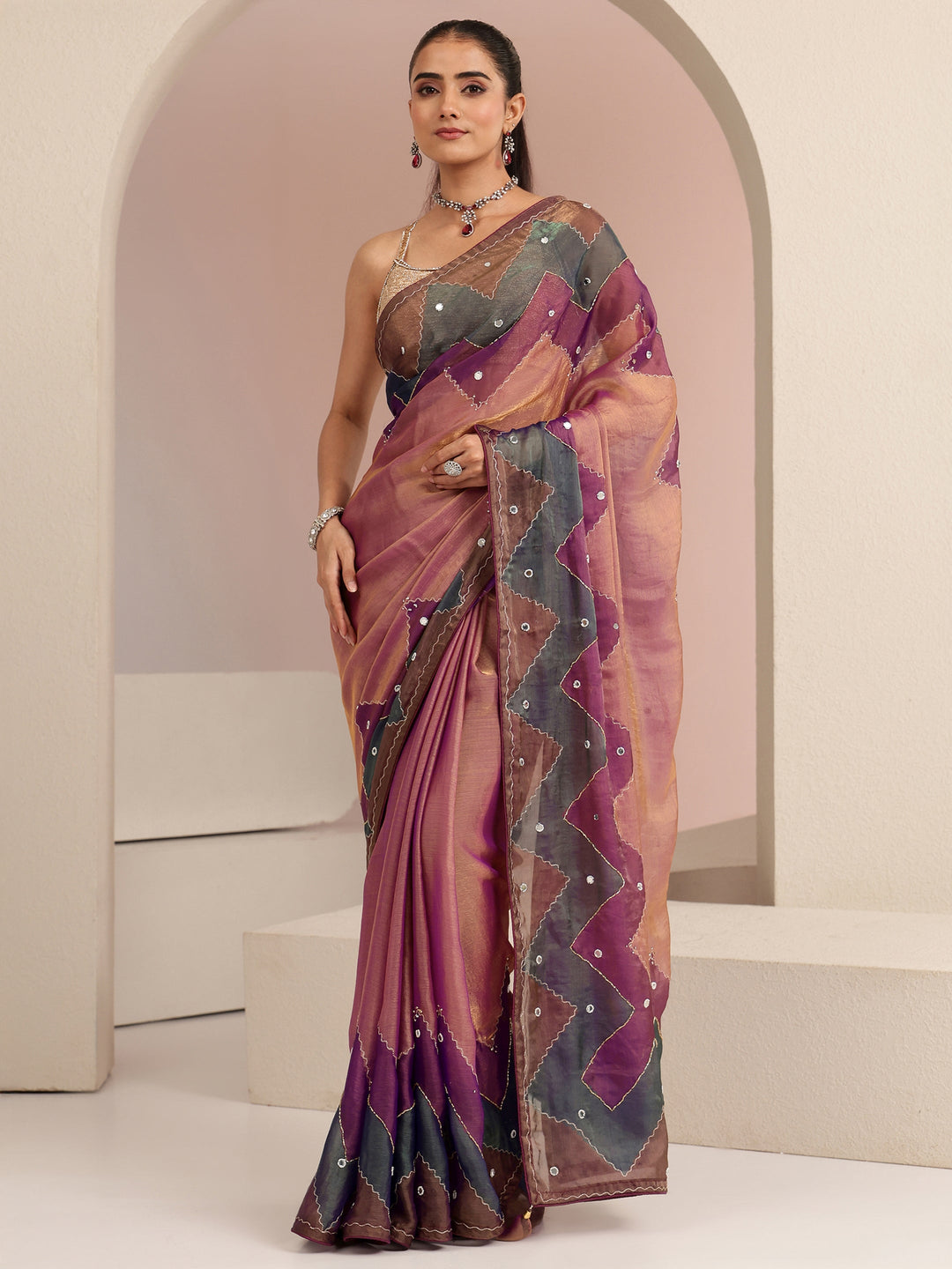  Multi Color Mirror Work Silk Blend Saree 