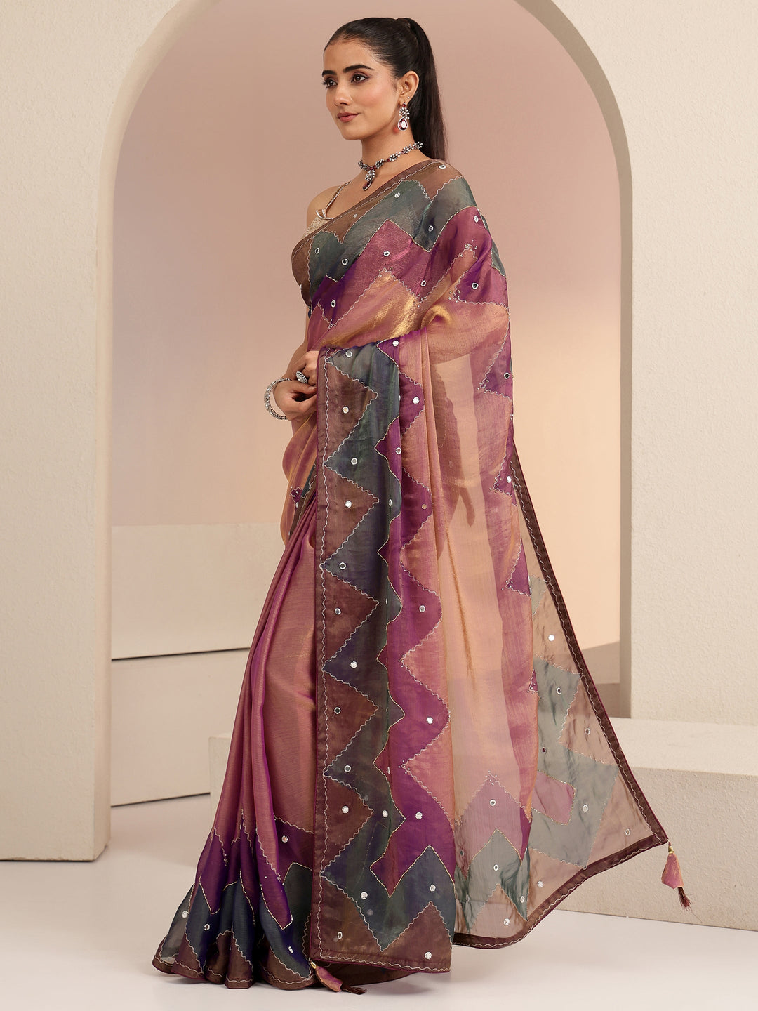  Multi Color Mirror Work Silk Blend Saree 