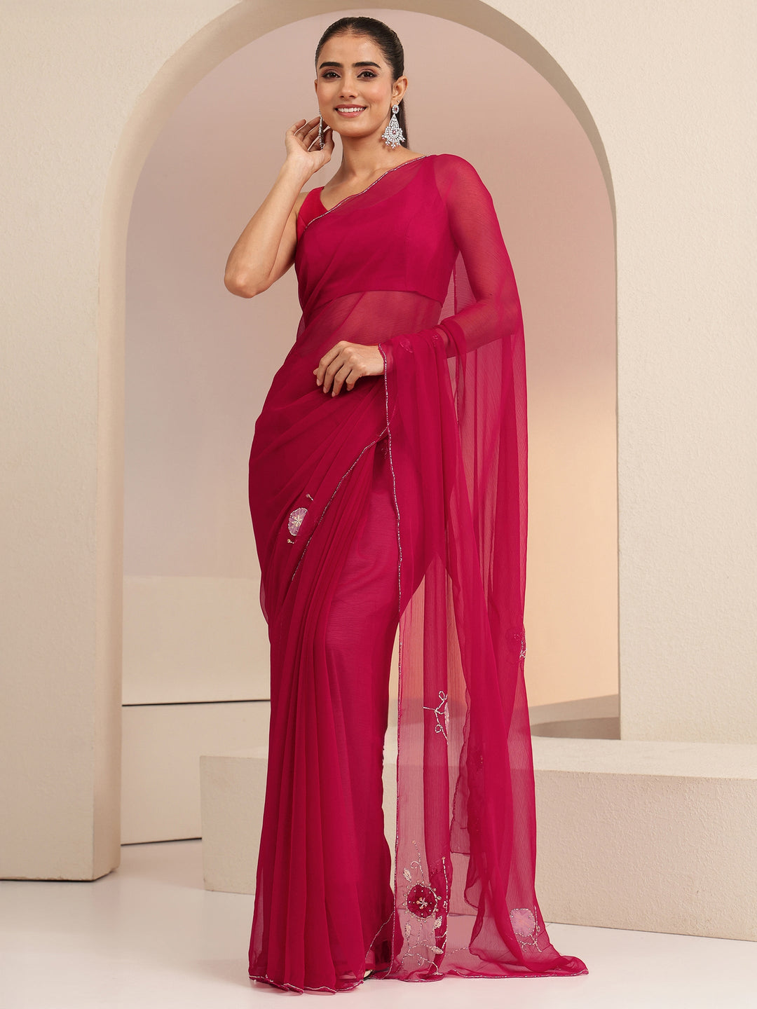  Rani Pink Floral Embellished Silk Blend Saree 
