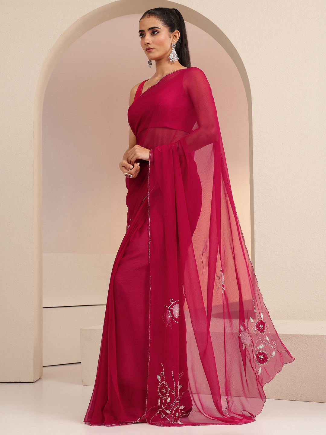  Rani Pink Floral Embellished Silk Blend Saree 
