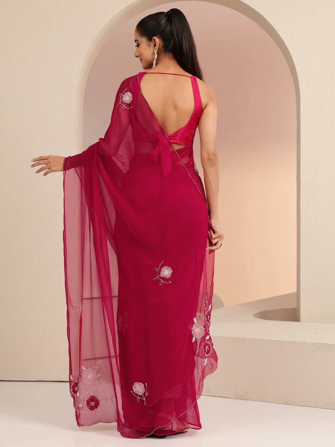  Rani Pink Floral Embellished Silk Blend Saree 