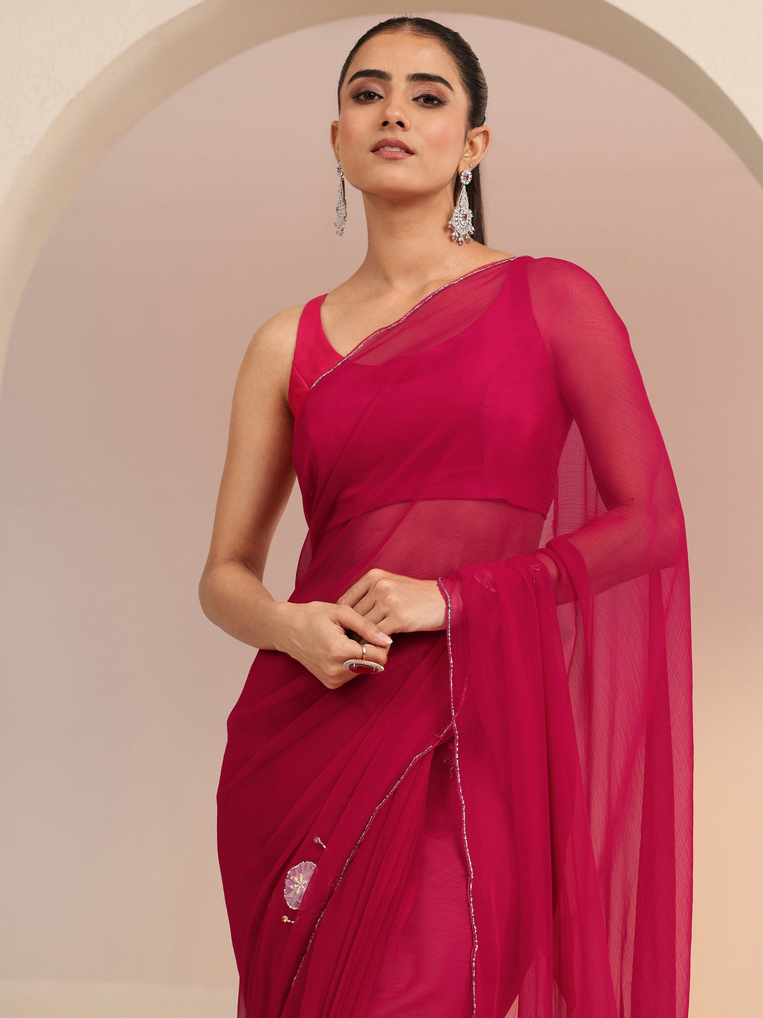  Rani Pink Floral Embellished Silk Blend Saree 