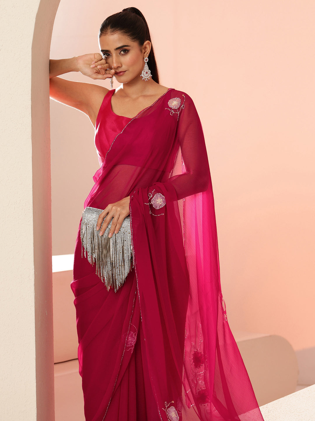  Rani Pink Floral Embellished Silk Blend Saree 