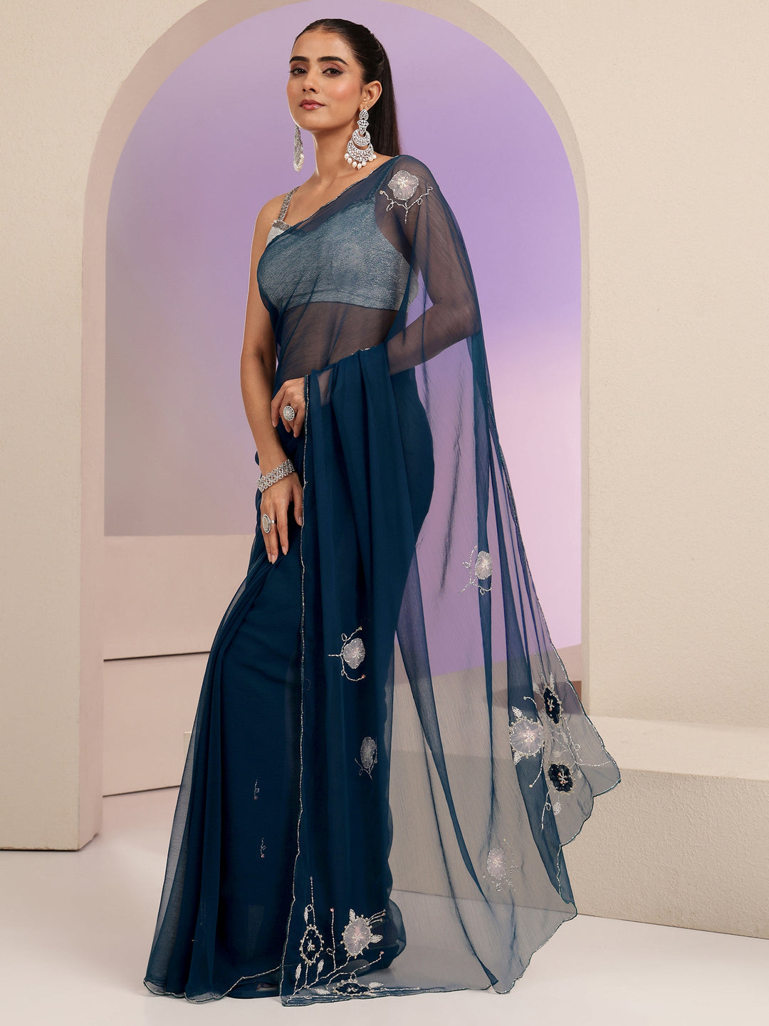  Peacock Blue Floral Embellished Silk Blend Saree 