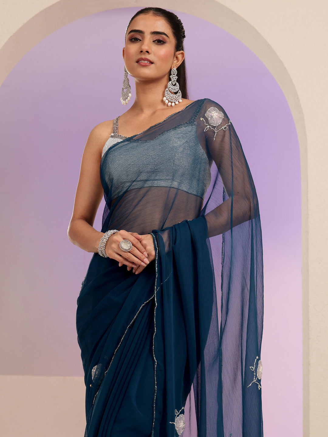  Peacock Blue Floral Embellished Silk Blend Saree 