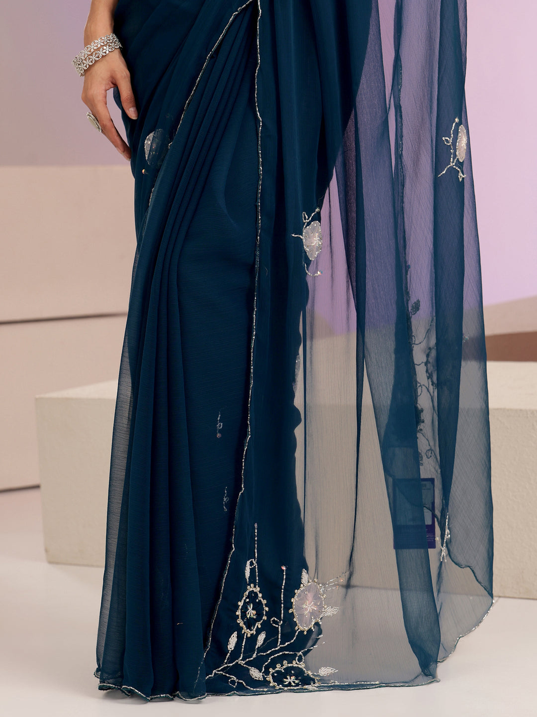  Peacock Blue Floral Embellished Silk Blend Saree 