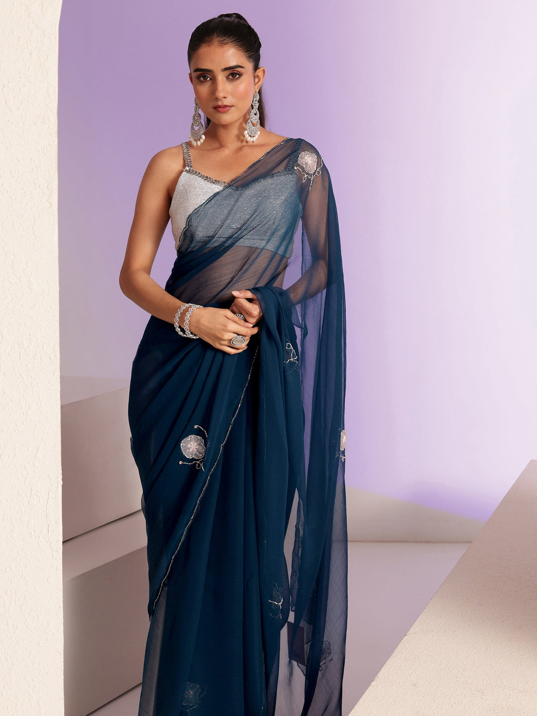  Peacock Blue Floral Embellished Silk Blend Saree 