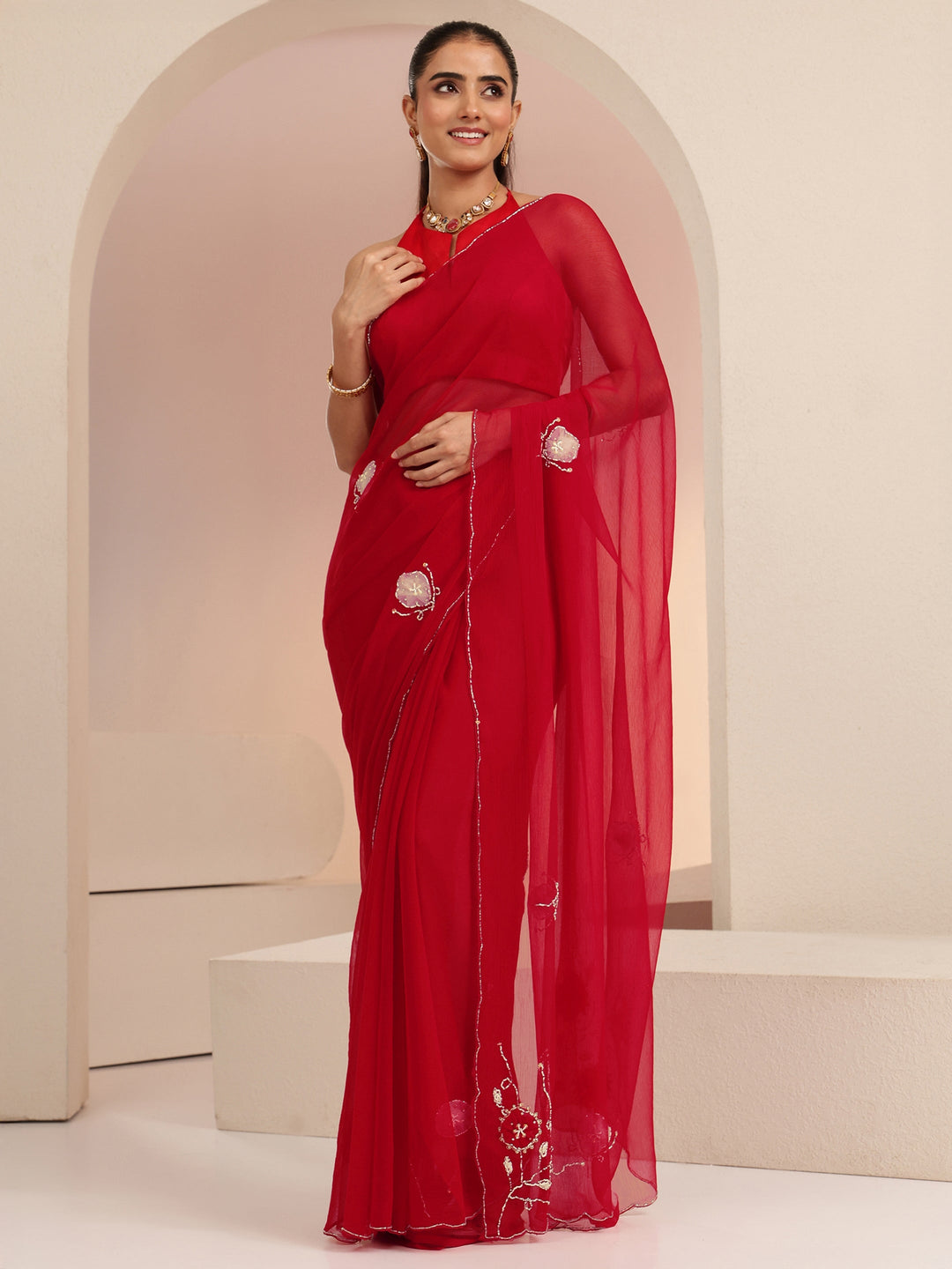  Vermilion Red Floral Embellished Silk Blend Saree 