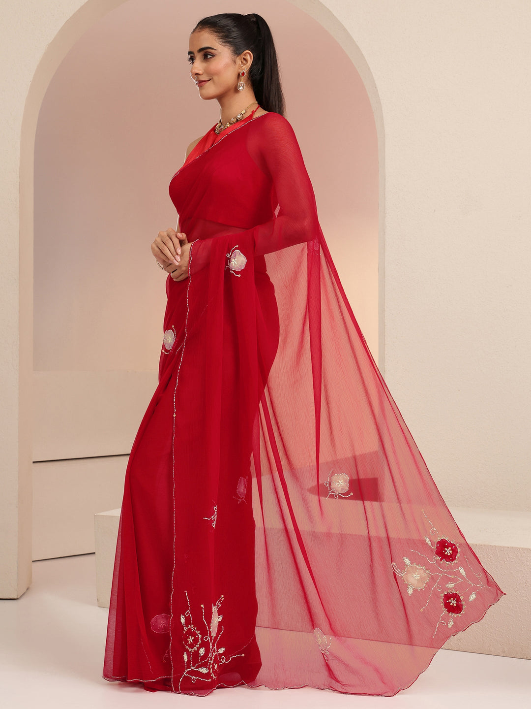  Vermilion Red Floral Embellished Silk Blend Saree 