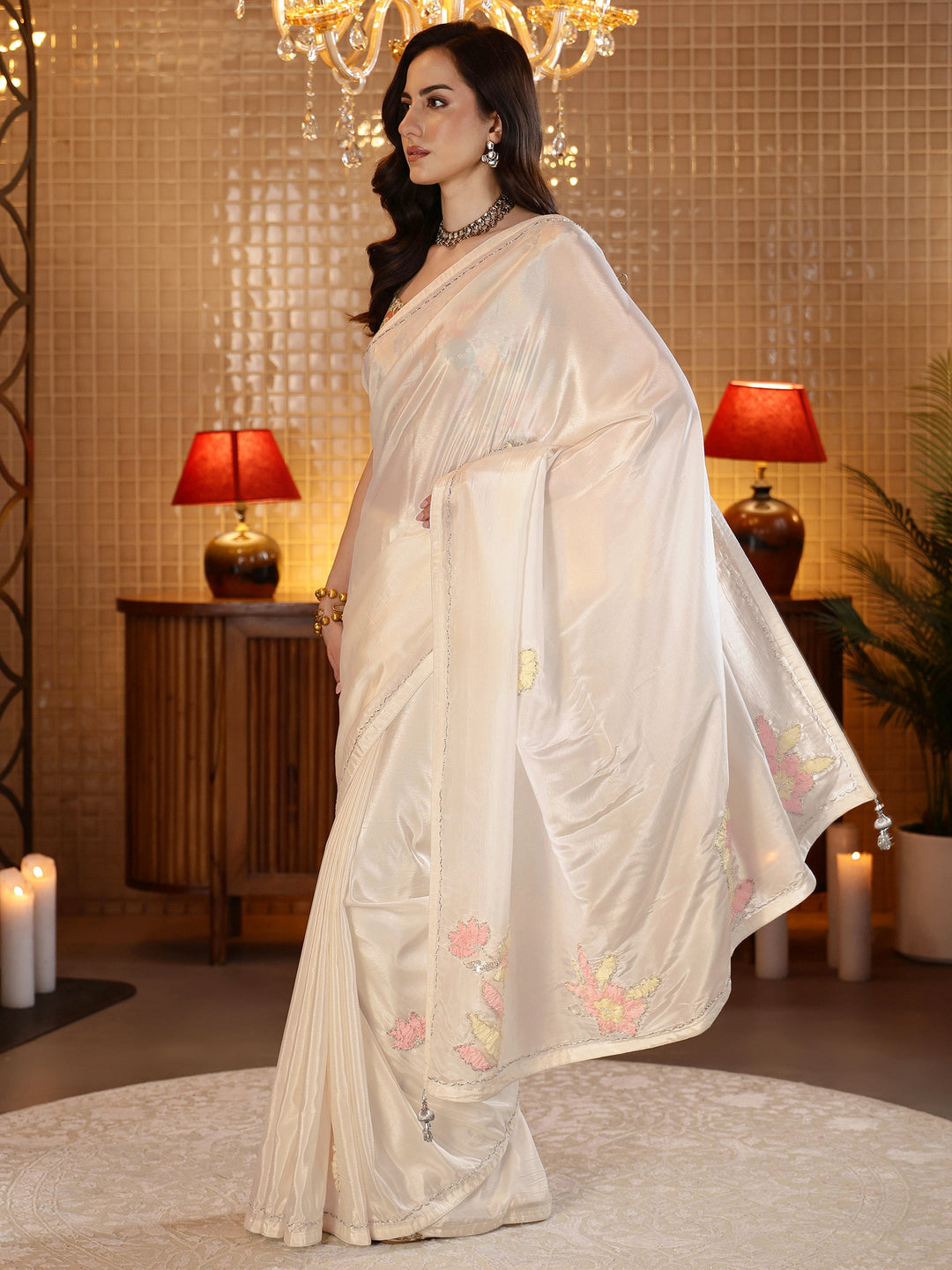  Cream Floral Embellished Silk Blend Saree 