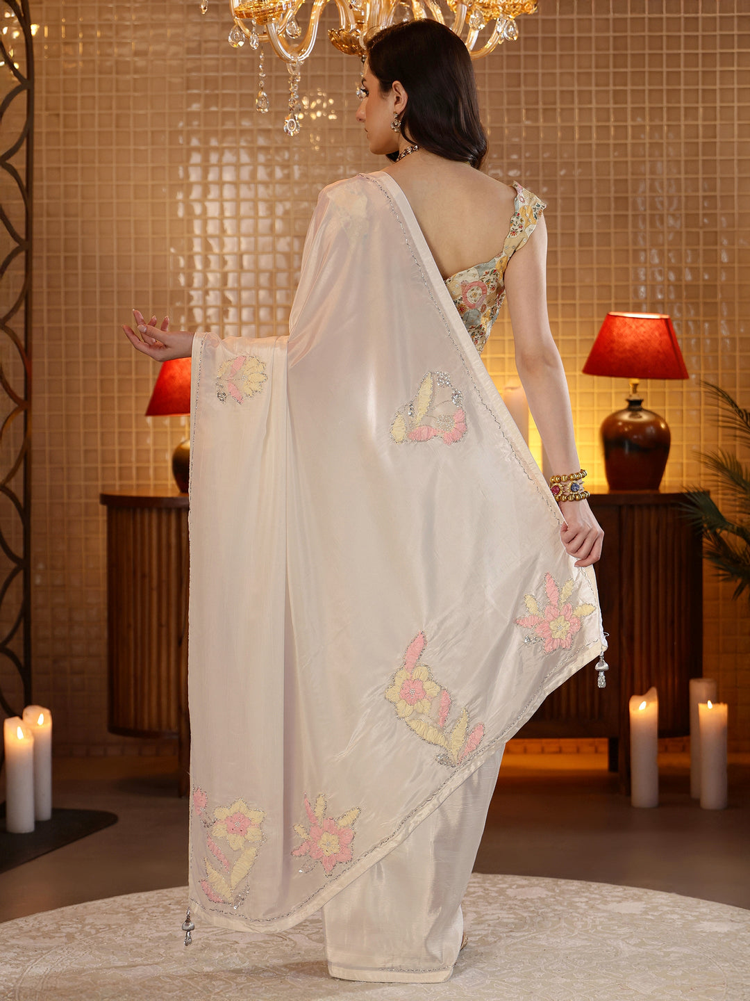  Cream Floral Embellished Silk Blend Saree 