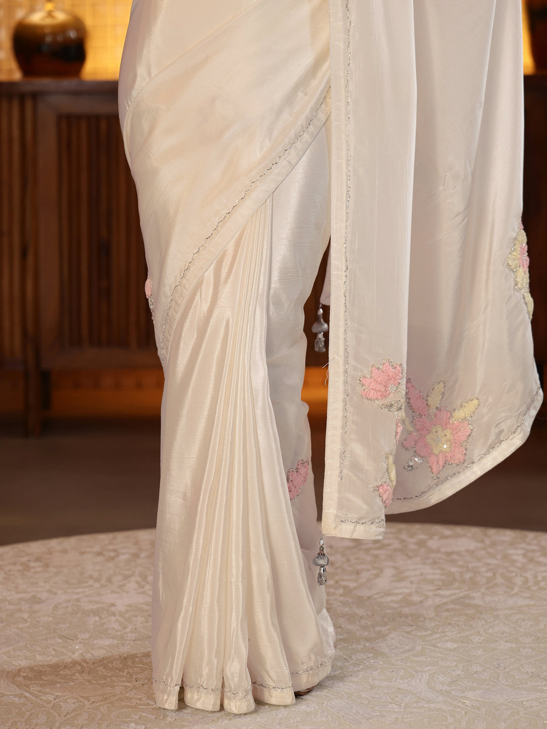  Cream Floral Embellished Silk Blend Saree 