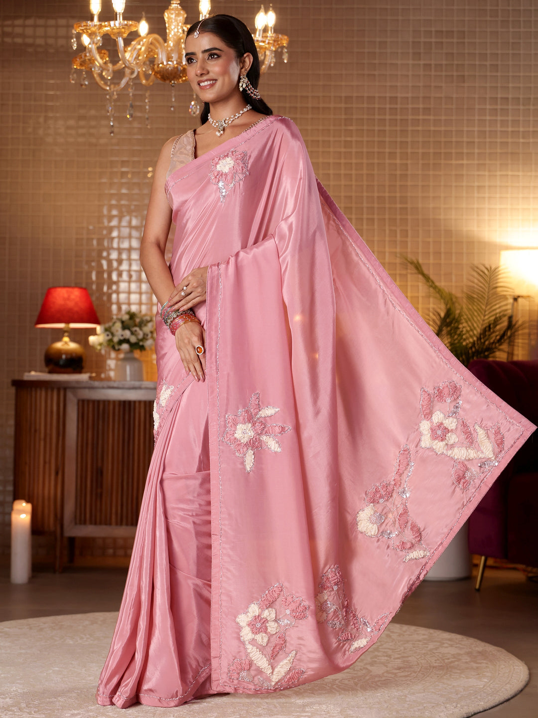  Baby Pink Floral Embroidered Silk Blend Saree 