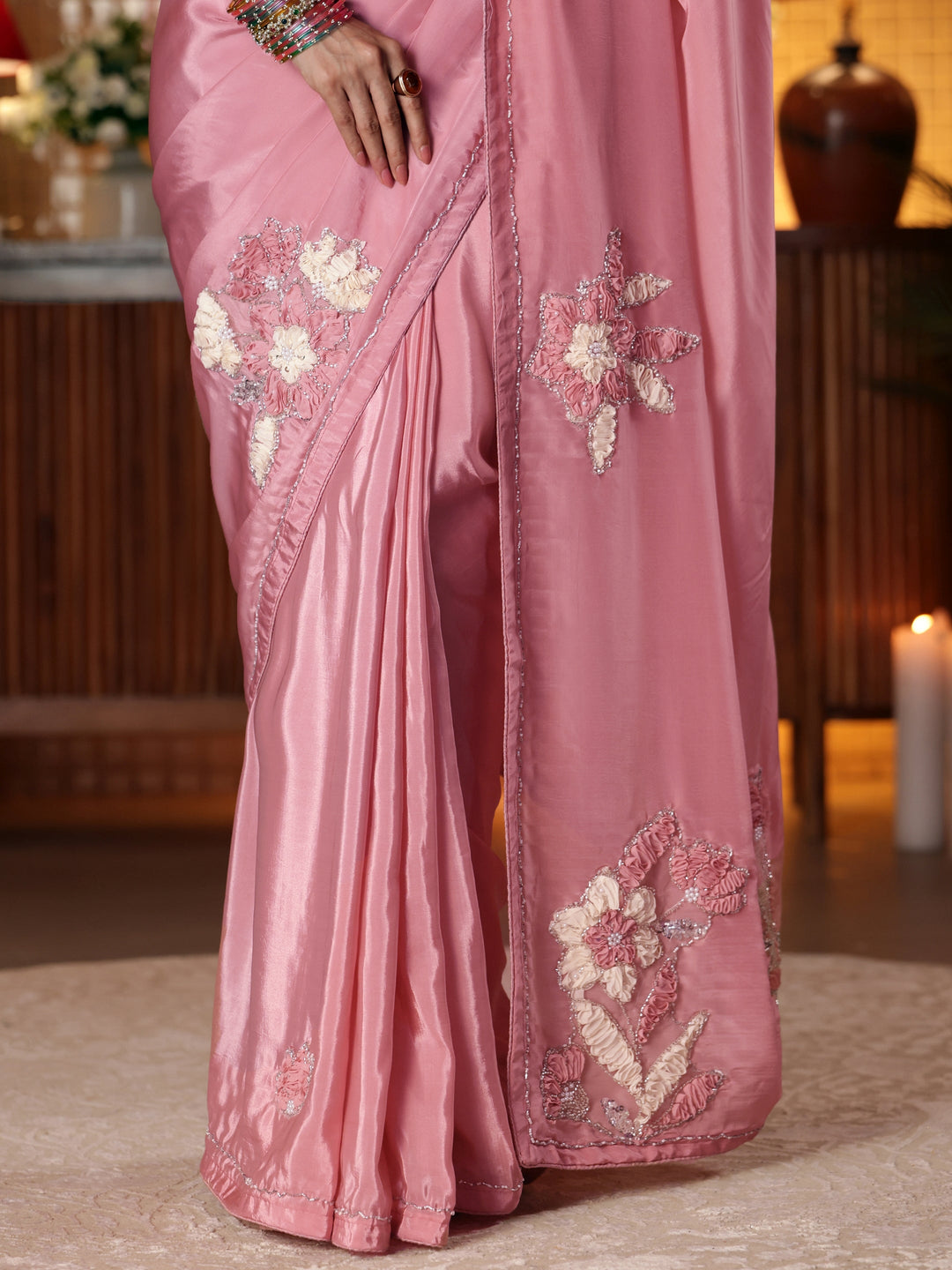  Baby Pink Floral Embroidered Silk Blend Saree 